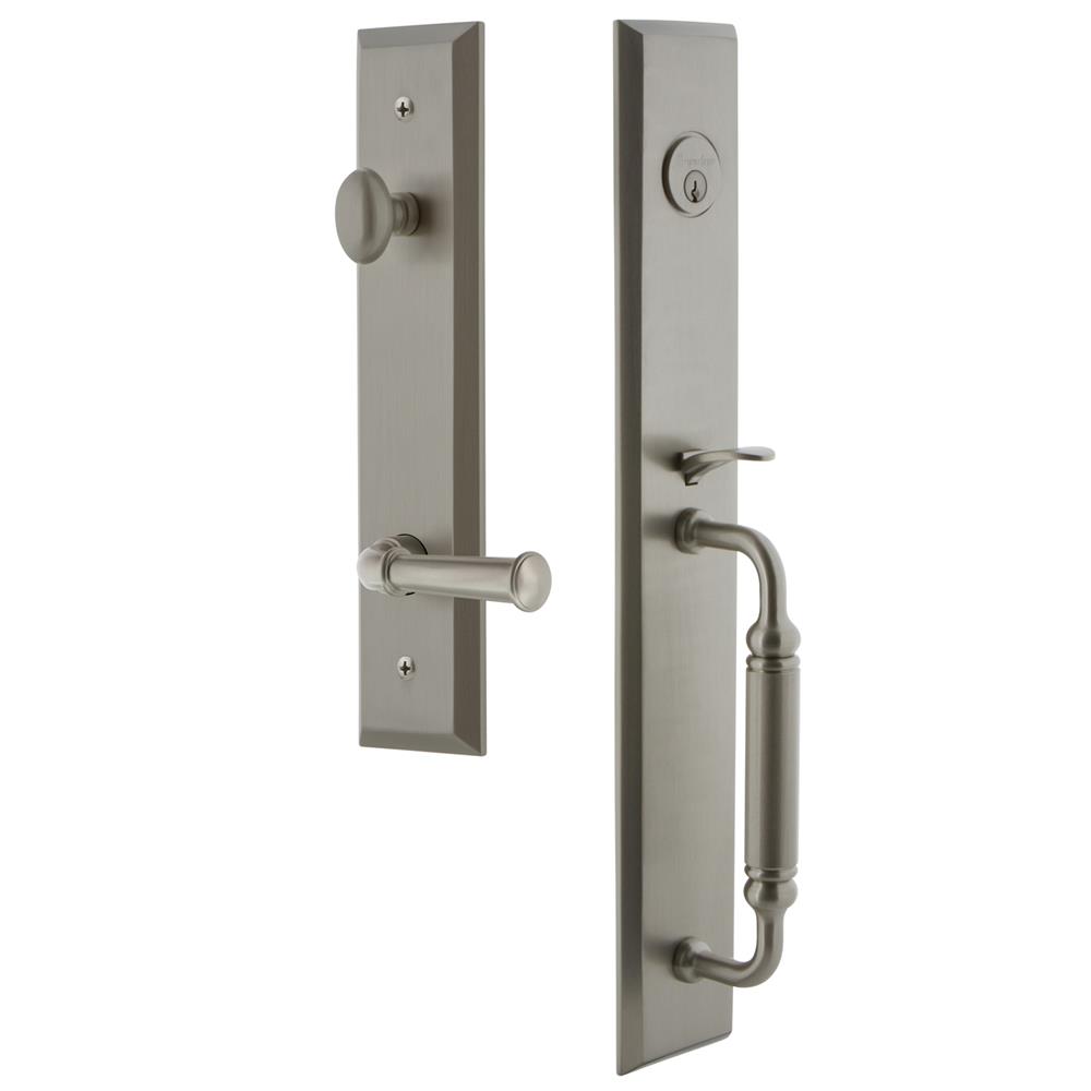 Grandeur by Nostalgic Warehouse FAVCGRGEO Fifth Avenue One-Piece Handleset with C Grip and Georgetown Lever in Satin Nickel 2 3/4